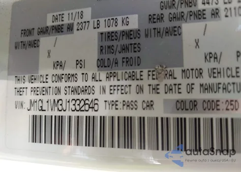 2018 Mazda Mazda6 Touring from USA, damaged, VIN JM1GL1VM3J1332646